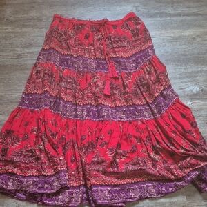 Free People A-Line Tiered Maxi Skirt in Red and Orange